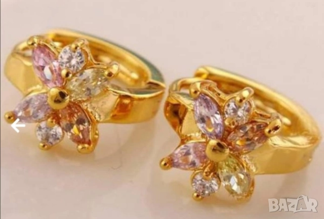 Прекрасни обеци цвете 9к розово попълнено злато с разноцветни цирконии 15 лв., снимка 2 - Обеци - 51766688