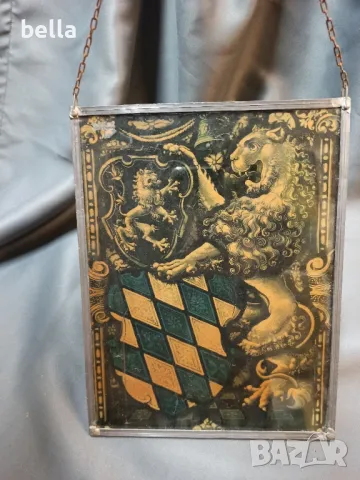 СТЪКЛЕНА ДВОЙНА КАРТИНА ,СТЪКЛОПИС С ЛЪВОВЕ ,ГЕРБОВЕ !, снимка 3 - Антикварни и старинни предмети - 48041468