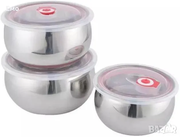 Комплект 3 броя купи от неръждаема стомана за съхранение на храна с капак, снимка 2 - Други - 48642108