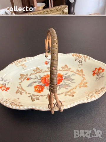 Порцеланова фруктиера с дръжка от бамбук. №7855, снимка 5 - Антикварни и старинни предмети - 53450122