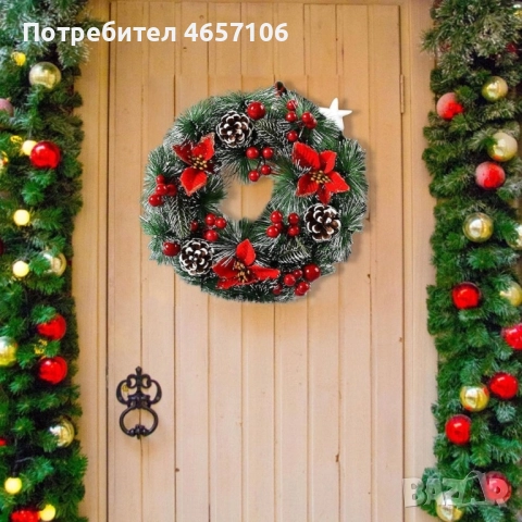 Коледен венец за декорация с шишарки и изкусветни коледни звезди, снимка 3 - Декорация за дома - 52494175