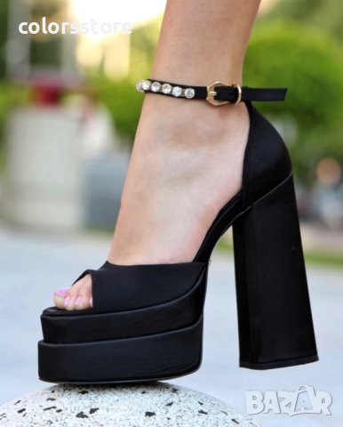 Сандали на ток - черен сатен - VS2