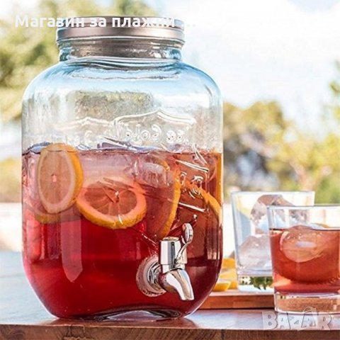 Винтидж стъклен буркан с канелка и инфузер , Диспенсър за напитки, 5 литра