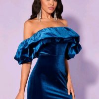 Синя рокля кадифе с воали , снимка 3 - Рокли - 39225997