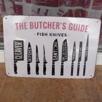 Метална табела храна ножове за риба нож храна ресторант рибен мастър шеф, снимка 1 - Рекламни табели - 43453321