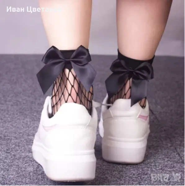 Къси чорапи от черна мрежа, с панделка, снимка 1