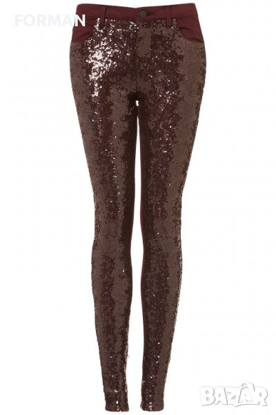 УНИКАЛЕН панталон тип дънки в цвят бордо с пайети - ХС размер , снимка 1