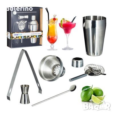 Комплект за бармани, комплект за коктейли, аксесоари за бар, аксесоари за барман, 5 части, стомана, снимка 1