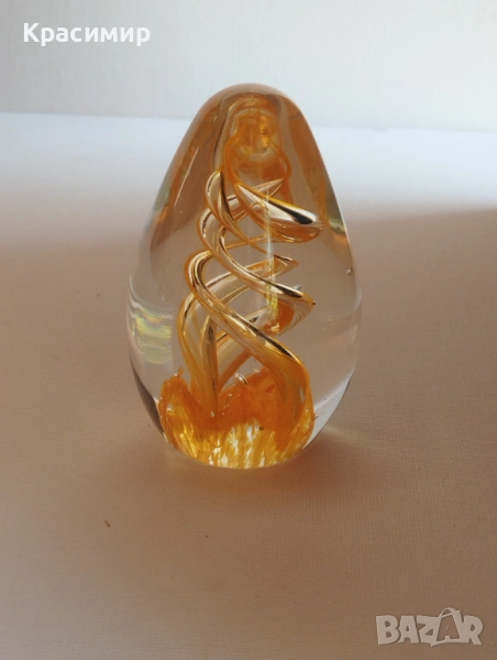 Винтидж преспапие с оранжева вихрушка, ръчно духано стъкло 9/5 см. , снимка 1
