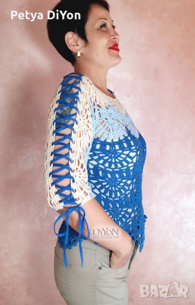 Ръчно плетена дамска блуза на една кука в синьо, снимка 1