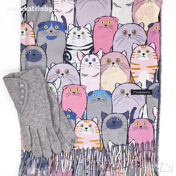 Шал с котки и ръкавици – сив подаръчен комплект за жена Код на продукта:DAK-0047, снимка 1