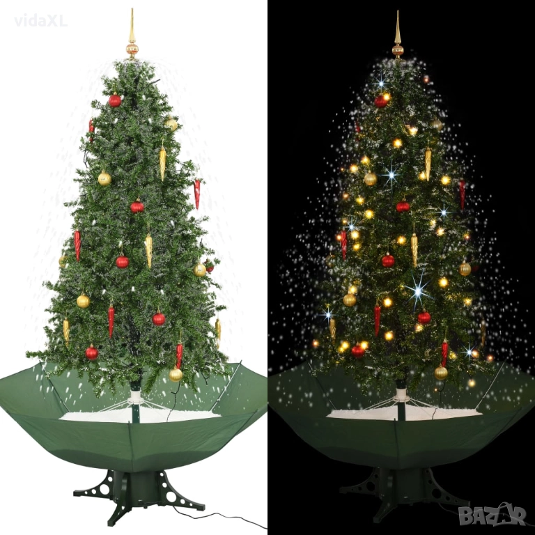 vidaXL Коледна елха с валящ сняг и основа от чадър, зелена, 190 см(SKU:284337), снимка 1