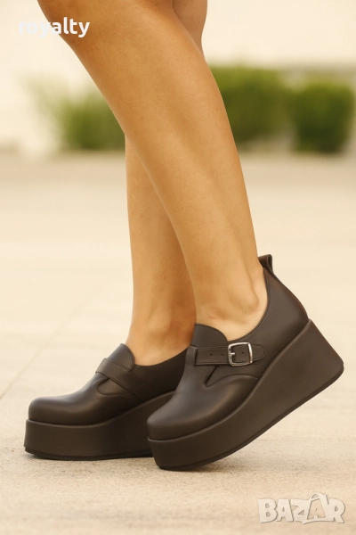 Обувки на платформа - черна кожа с черно ходило, снимка 1