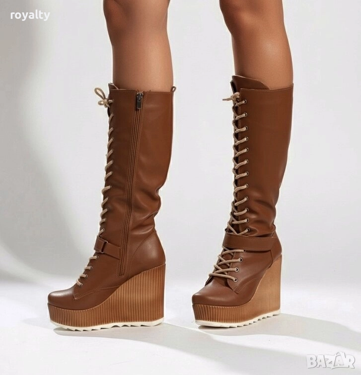 Ботуши на платформа - кафява кожа с кафяво ходило, снимка 1