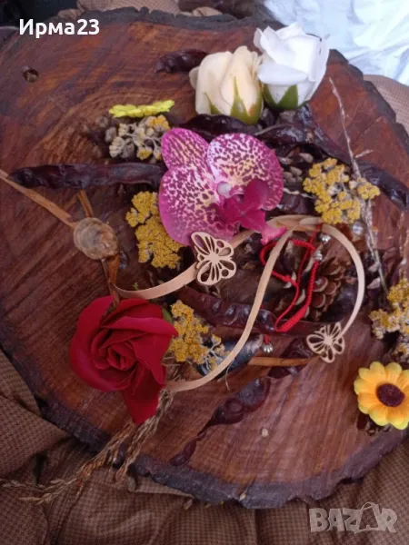 Дървено пано с цветя, снимка 1