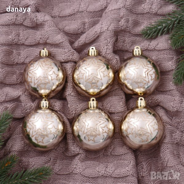 4279 Комплект коледни топки за елха с декорация снежинки, 6 броя, Ф 6 см, снимка 1