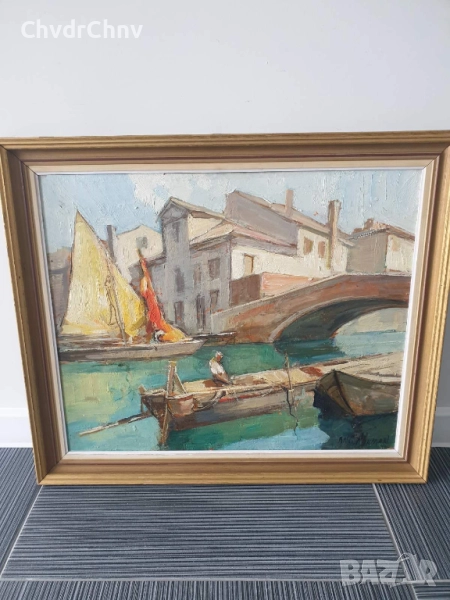 Knut Norman 72х60см/стара голяма шведска картина масло върху фазер/Венеция-мост-лодка/дървена рамка, снимка 1