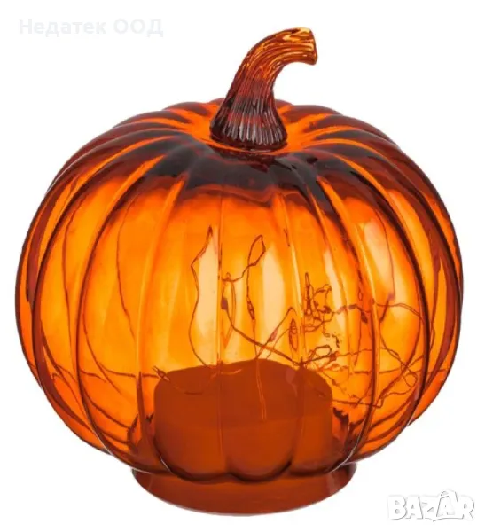 Хелоуин стъклена, тиква, оранжева, LED, 16x14.5cm, снимка 1