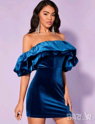 Синя рокля кадифе с воали , снимка 3 - Рокли - 39225997