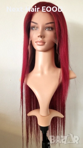 Естествена дантелена перука 80 см - 200% плътност, 13x6 Lace, бургунди тъмно червена права коса, снимка 3 - Аксесоари за коса - 53294690