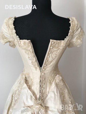 Сватбена булчинска рокля царствена естествена сурова коприна шампанско с шлейф, снимка 10 - Сватбени рокли - 26436671