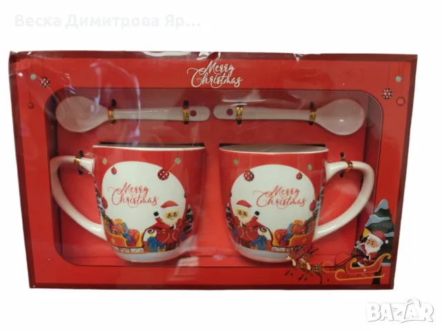 Комплект от 2 керамични чаши с лъжица, коледна тематика, опаковани в подходяща кутия, снимка 3 - Декорация за дома - 47388605