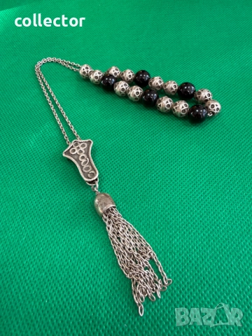 Сребърна броеница с черен ахат. №7752, снимка 3 - Антикварни и старинни предмети - 52814266