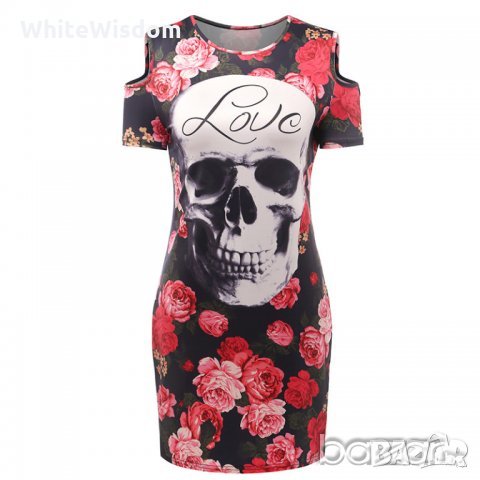  Рокля череп с отворени рамене , снимка 2 - Рокли - 36741463