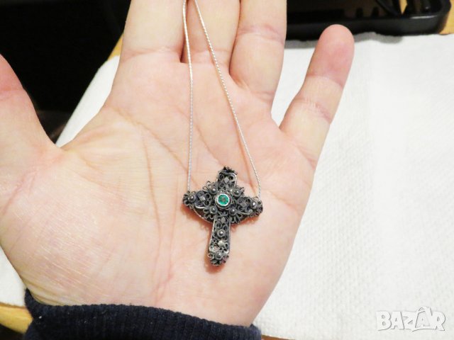 сребърен синджир с кръст, сребърен възрожденски кръст филигран и скъпоценен камък, снимка 2 - Колиета, медальони, синджири - 33099210