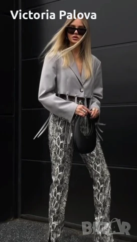 Модерен кожен панталон змийски принт естествена кожа, снимка 17 - Панталони - 49330490