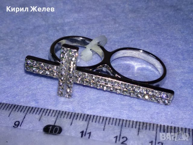 ПРЕКРАСЕН СРЕБРИСТ ДВОЕН ФЕШЪН АРТ ПРЪСТЕН с КРЪСТ с ИСКРЯЩИ ФАСЕТИРАНИ КРИСТАЛИ 37700, снимка 9 - Пръстени - 40684971
