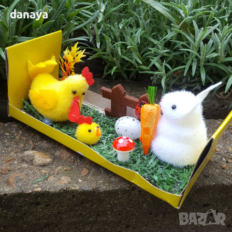 2830 Великденска декорация Зайче с кокошка в градинка, снимка 3 - Декорация за дома - 36503895