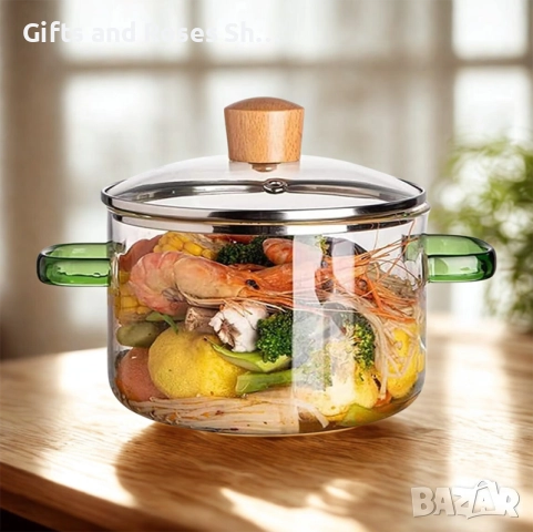 Стъклена тенджера 3,2 л със зелени дръжки, снимка 1