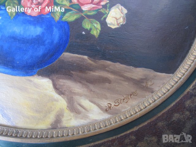 1945 Натюрморт цветя /рози в синя ваза, голяма картина, снимка 2 - Картини - 28888697