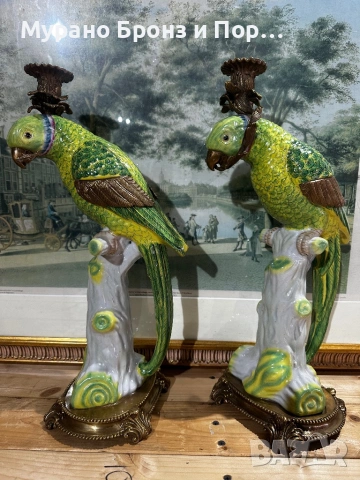 УНИКАЛЕН ЧИФТ ПАПАГАЛИ СВЕЩНИЦИ – 4.5 кг, 42 см, Порцелан и Бронз, снимка 3 - Антикварни и старинни предмети - 53497219