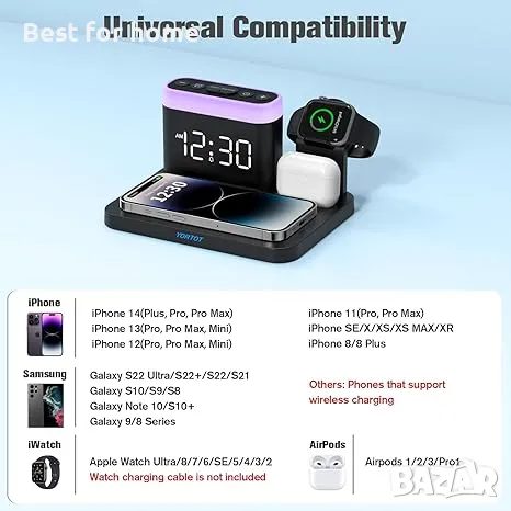 Докинг станция за зареждане за телефон  5 в 1  с будилник, снимка 2 - Безжични зарядни - 49605331