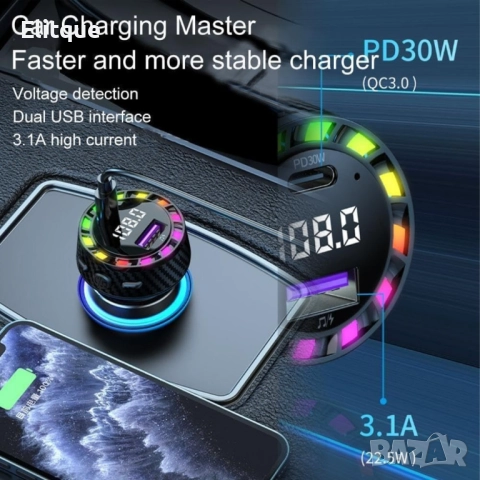 Трансмитер USB зарядно за кола с двоен порт,бързо зареждане,12-24V, снимка 3 - Други стоки за дома - 52804847