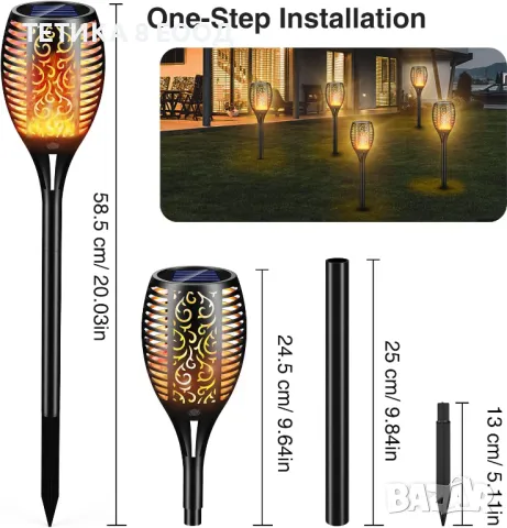 Комплект 4 броя градински соларни лампи, факли, 58 см, снимка 4 - Соларни лампи - 49267274