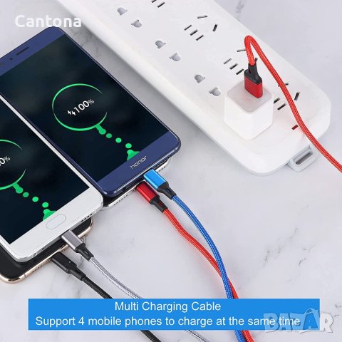 Amuvec 4-в-1 плетен найлонов кабел за много устройство120 см, 2 x Lighting,Type-C имикро USB, 3A, снимка 3 - USB кабели - 40722771