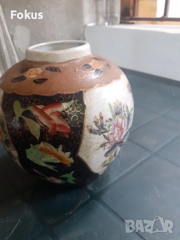 Стара красива ваза буркан порцелан Сатцума Satsuma маркиран, снимка 4 - Антикварни и старинни предмети - 53313056