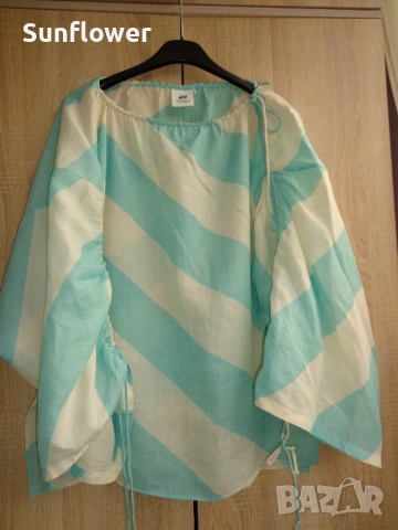 Ново H&M STUDIO 2020 обемна блуза в светло синьо и кремаво, размер XS – M , снимка 8 - Корсети, бюстиета, топове - 53433240