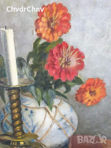 Haselstrom 48х40см/стара картина масло върху платно/натюрморт-цветя-свещник-книги/1943/дървена рамка, снимка 3 - Картини - 50823616