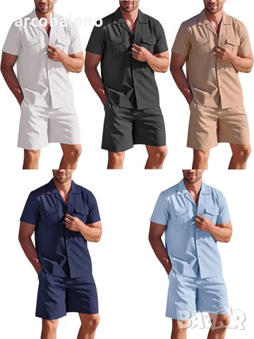 Мъжки летен комплект от ленена риза и къси панталони, 5цвята - 023, снимка 1 - Други - 40825849