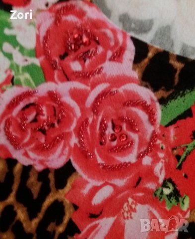 УНИКАЛНО КРАСИВА блуза в леопардов принт и червени цветя с пайети, снимка 3 - Блузи с дълъг ръкав и пуловери - 39162452