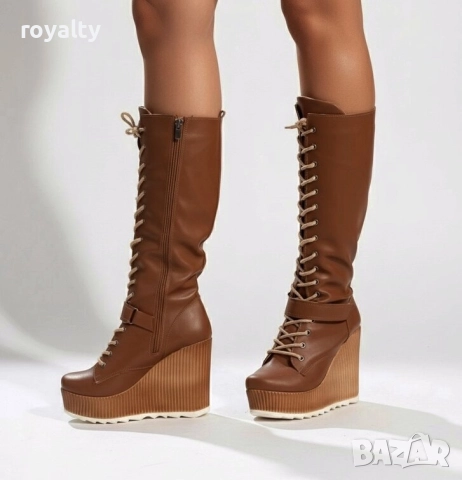 Ботуши на платформа - кафява кожа с кафяво ходило