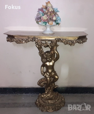 Страхотен бароков комплект дървена конзолна масичка с рамка, снимка 3 - Антикварни и старинни предмети - 53347529