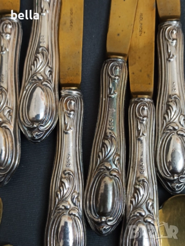 СТАР СРЕБЪРЕН КОМПЛЕКТ ПРИБОРИ С ПОЗЛАТА  -СОЛИНГЕН ,800 ПРОБА, снимка 10 - Антикварни и старинни предмети - 52791492