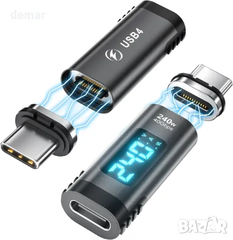 HanCenDa 2 бр. цифров USB-C магнитен адаптер, 24-пинов прав USB-C мъжки към женски адаптер, PD 240W