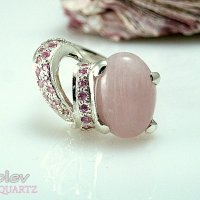 АВТОРСКИ Сребърен пръстен с РОЗОВ КВАРЦ и розови циркони/ размер 59-60, снимка 2 - Пръстени - 28507441