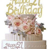 Happy Birthday 21 години розов златист брокатен картонен топер за торта табела украса декор рожден , снимка 1 - Други - 32404003